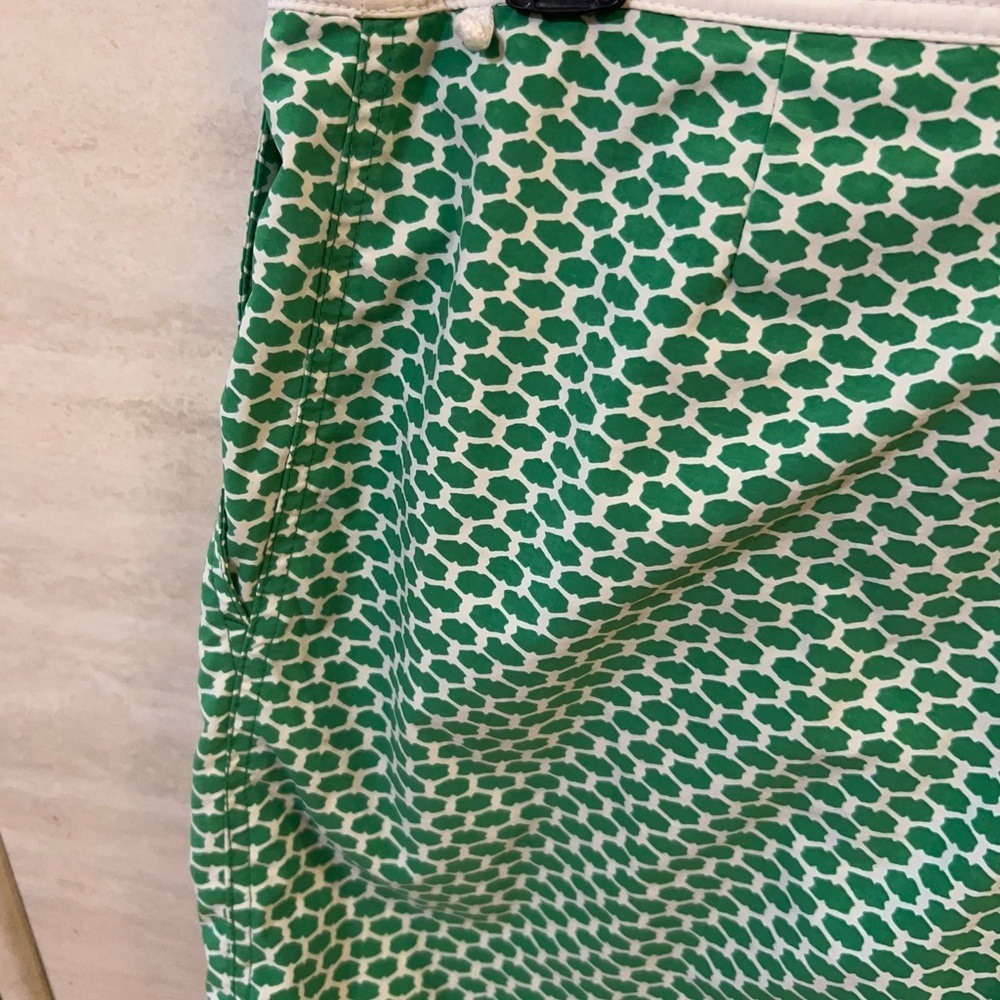 J.Crew Men's Swim Trunks in a green and white geometric print. - Picture 7 of 13
